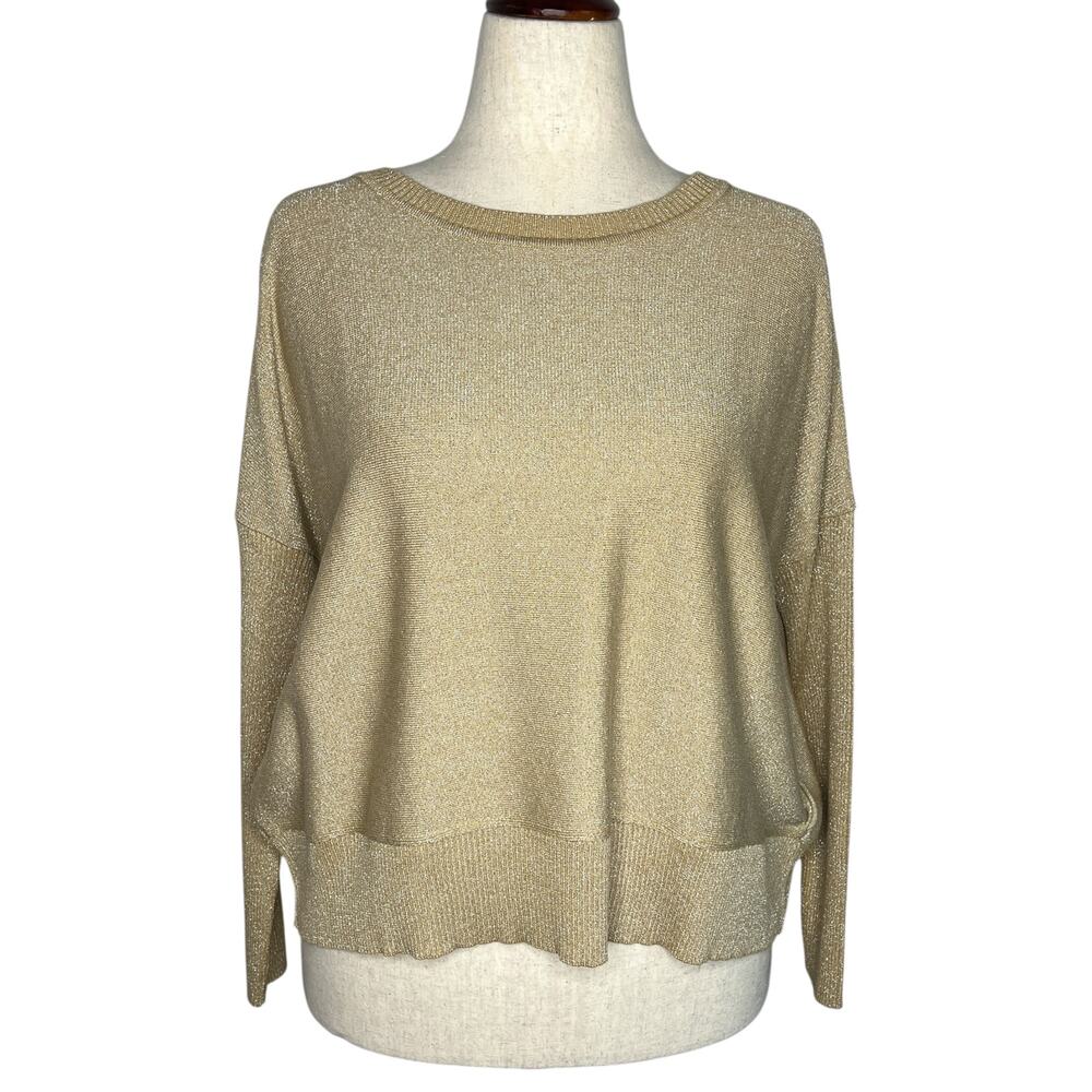 Planet by Lauren G Womens Sweater O/S Metallic Gold Drop Shoulders Split Back